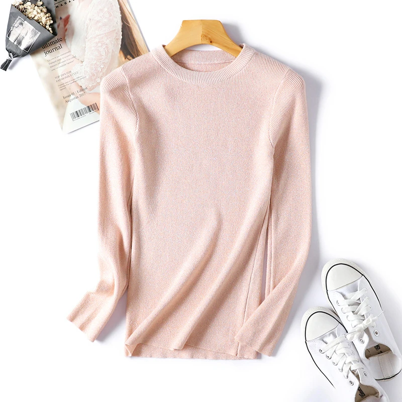 Shiny Lurex Autumn Winter Sweater Women Long Sleeve Pullover Basic Sweaters Knit Tops Femme | Женская одежда