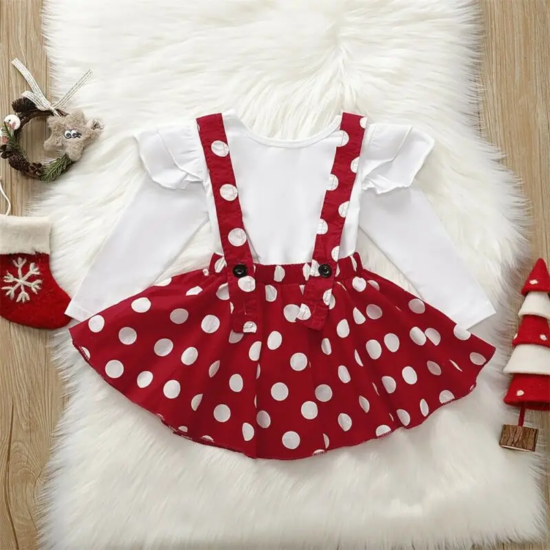 Детское платье футболка для девочек с подтяжками и юбкой в горошек на Рождество