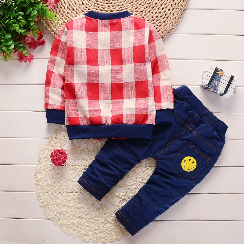 Baby Boy Clothes Korean Fashion Sports Plaid Jacket Smile T-shirt Pants 3PCS Infant Outfit Girl Suit Bebes Jogging Suits | Детская