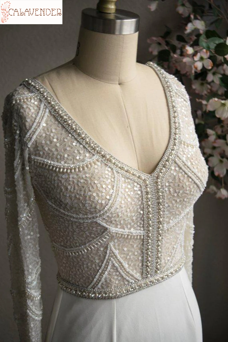 

Long Sleeve Wedding Dresses V-neck Romantic Lace Mermaid Open Back Bridal Gown Pearls Crystals Beaded robe de mariage