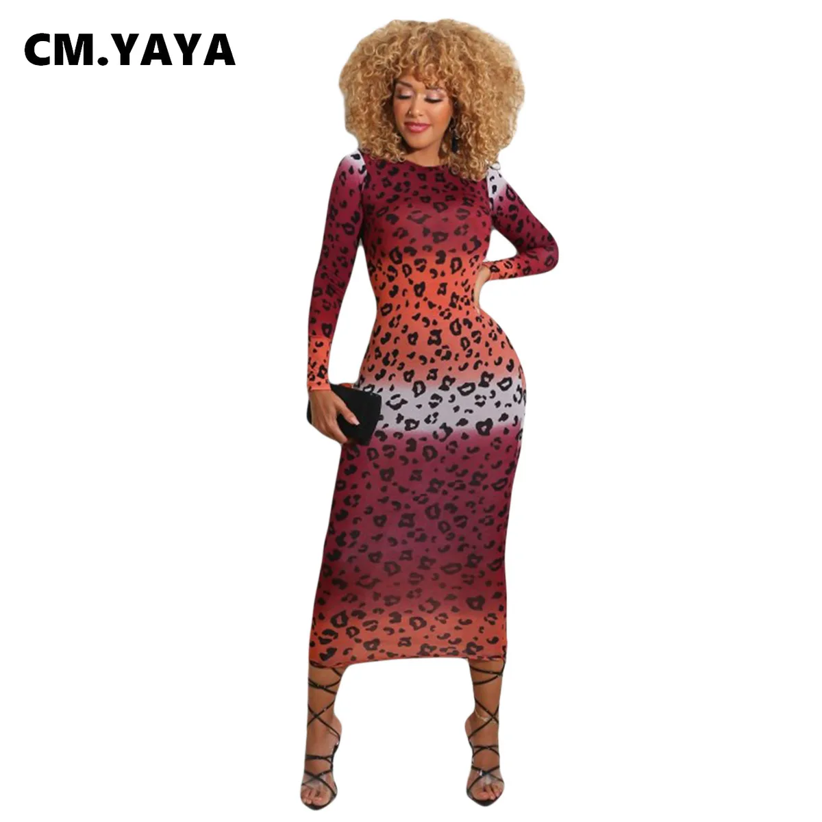 CM.YAYA Women Autumn Sexy Bodycon Leopard Gradient Print Midi Dress Club Party Long Sleeve Pencil Bandage Maxi Dresses | Женская одежда
