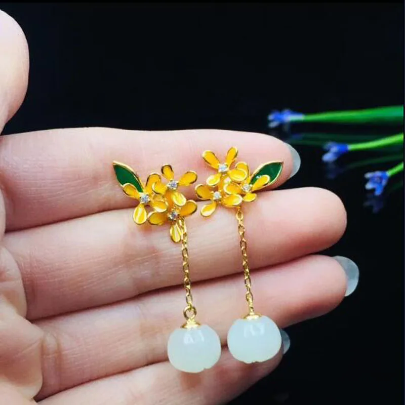 Настоящее 925 пробы серебро природа Хотан белый нефрит много желтых цветов цветут