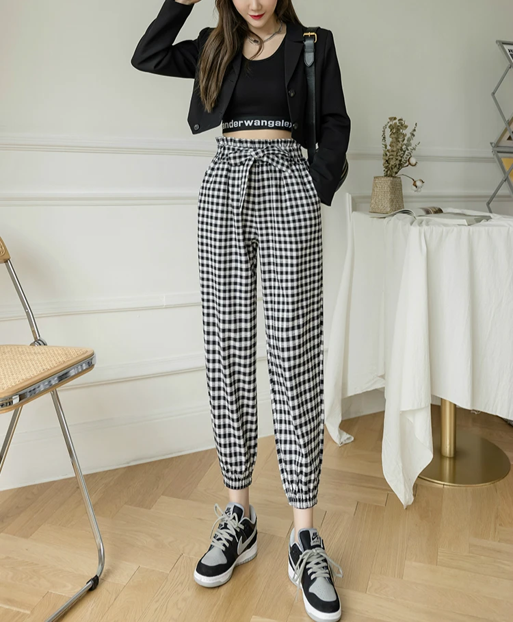

Women Lace Up Plaid Bud Cropped Pants 2021 Spring Summer High Waist Harem Pant Casual Mujer Pantalon Trousers Dropshipping New