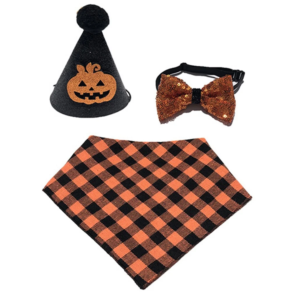 

Pet Dog Cat Collar Hat Set Halloween Pumpkin Ties Collar Adjustable Strap Hat Pet Accessories Pet Supplies