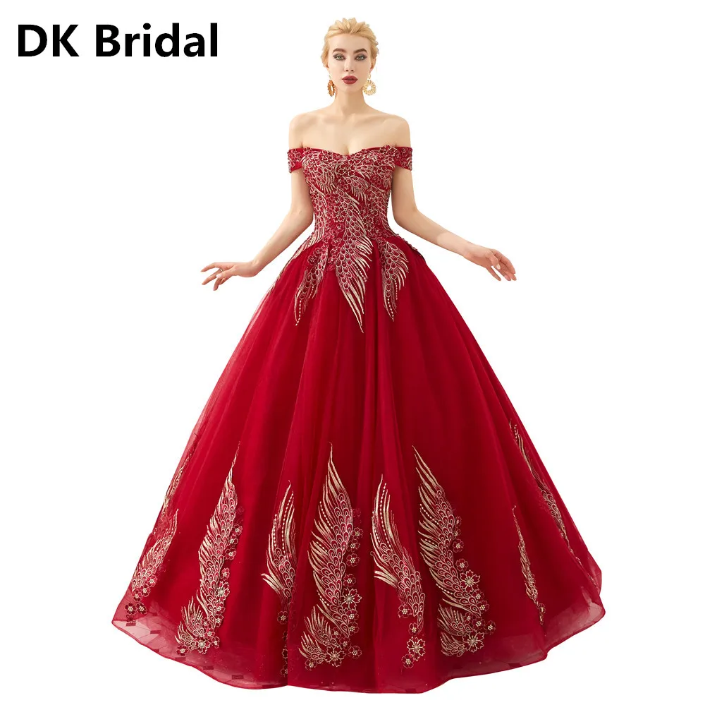 

Burgundy Off The Shoulder Evening Dresses Luxury Appliques Beading Formal Prom Dress Puffy Masquerade Ball Gown robe de soire