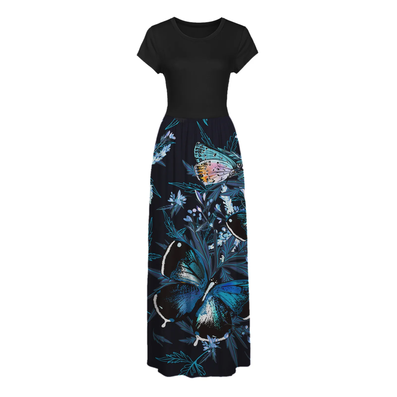 

summer dress Women Maxi Dress Print O-Neck Short-sleeve Cami Dress with Pockets Beach Dresses vestidos de mujer casual