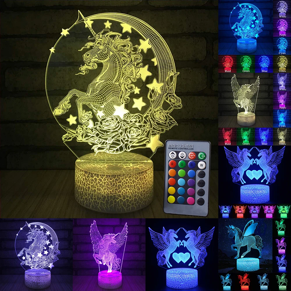 

Unique LED 3D Stereoscopic Illumination Visual Night Light Unicorn-series 7 / 16 Color Change LED Table Desk Lamp Kids Xmas D30