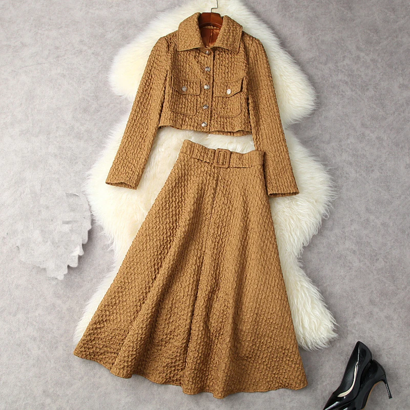 

2022 Fashion Designer Spring Set Women Single Breasted Jacket+High Waist Full Skirt Ginger Black Office Lady Set