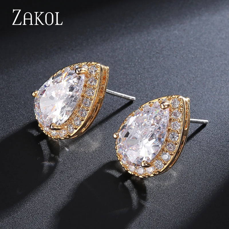 Gold Color Модные серьги-гвоздики ZAKOL с большим кубическим цирконием и грушей с крошечным кристаллом изысканного белого цвета свадебные украшения Aretes FSEP001 - Окраска металла: Gold Color