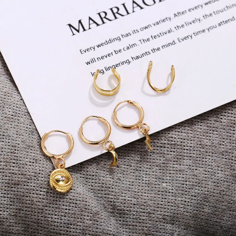 

2020 Bohemian Gold Metal Stud Drop Mixed Earrings Set For Women Geometric Eyes Moon Star Feather Female Earring Vintage Jewelry