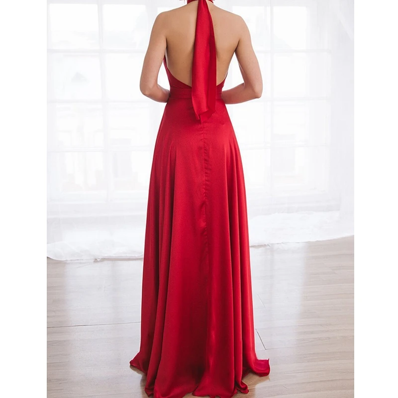 

Mandylandy Dress Women's Sexy Backless Spaghetti Strap Halter Split Dress Summer Fashion Solid Color Lace Up O-Neck Slim Dress