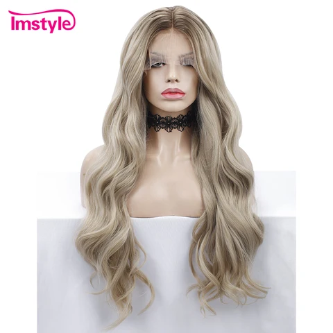 Светлый парик Imstyle с эффектом омбре, парик из синтетического кружева спереди, длинный волнистый парик для женщин из термостойкого волокна, парик из натурального кружева, женский