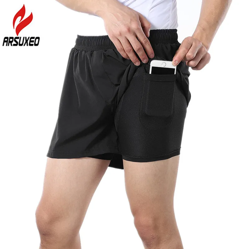 Мужские шорты для бега ARSUXEO 2 в 1 с карманом телефона дышащие быстросохнущие