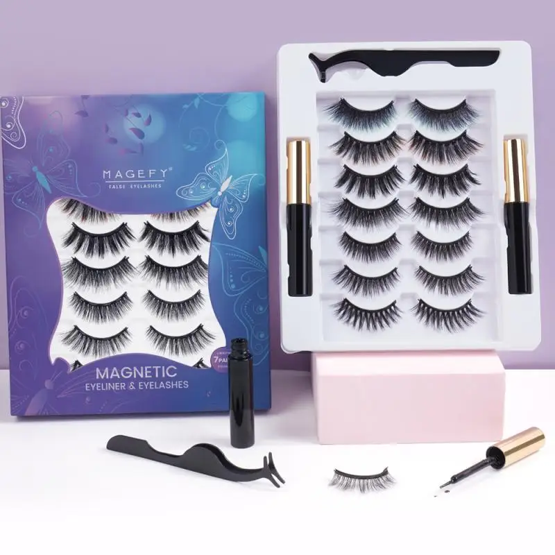 7 Pairs Magnetic Eyelashes 3D False Mink Eyelashes Magnet Lashes Magnetic Eyeliner&Tweezer Set Makeup Tools Maquiagem