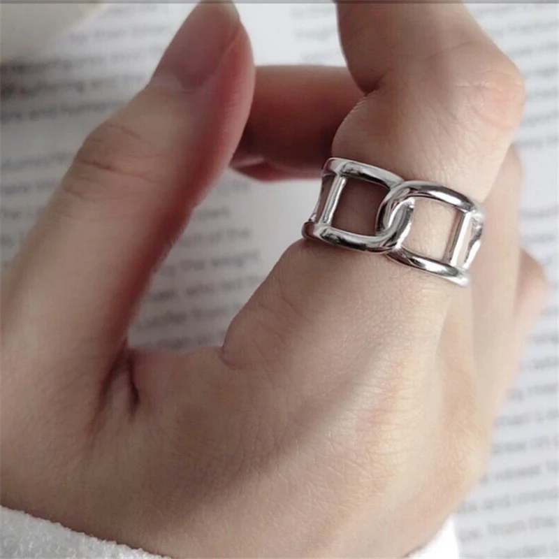 Korean Fashion Whole Price New Promotion Tibetan Sliver Big Glossy Polish Ring Hollow Letters DD Chain Square Rings Female Gift | Украшения