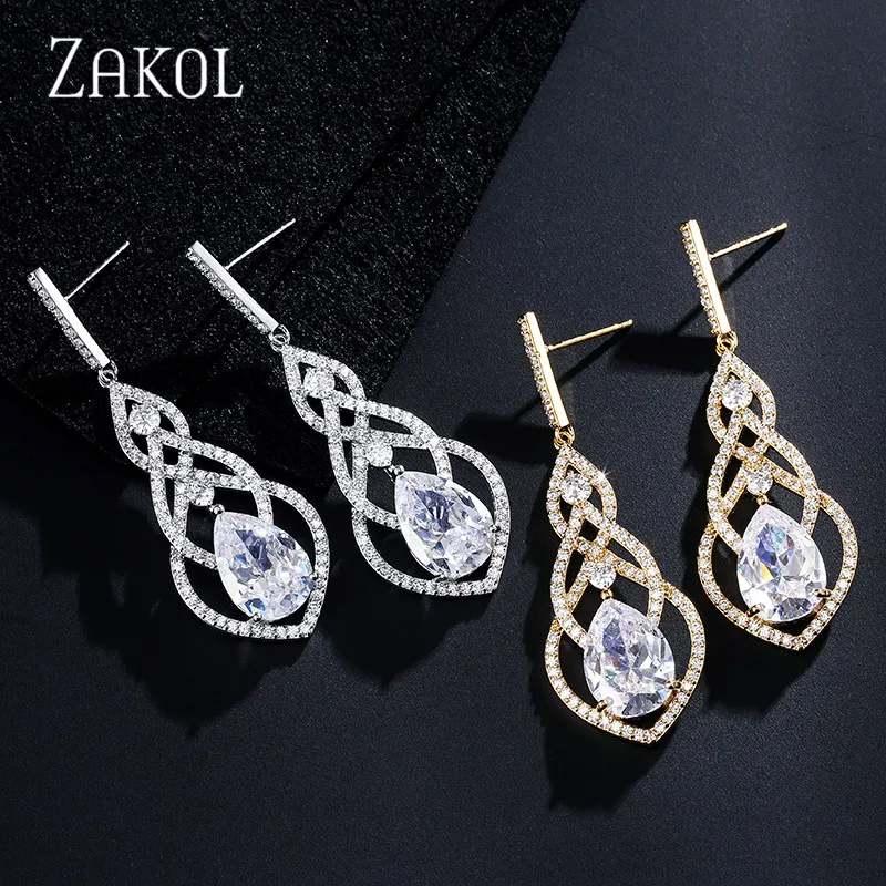 Роскошные блестящие серьги подвески ZAKOL с фианитами для невесты украшения