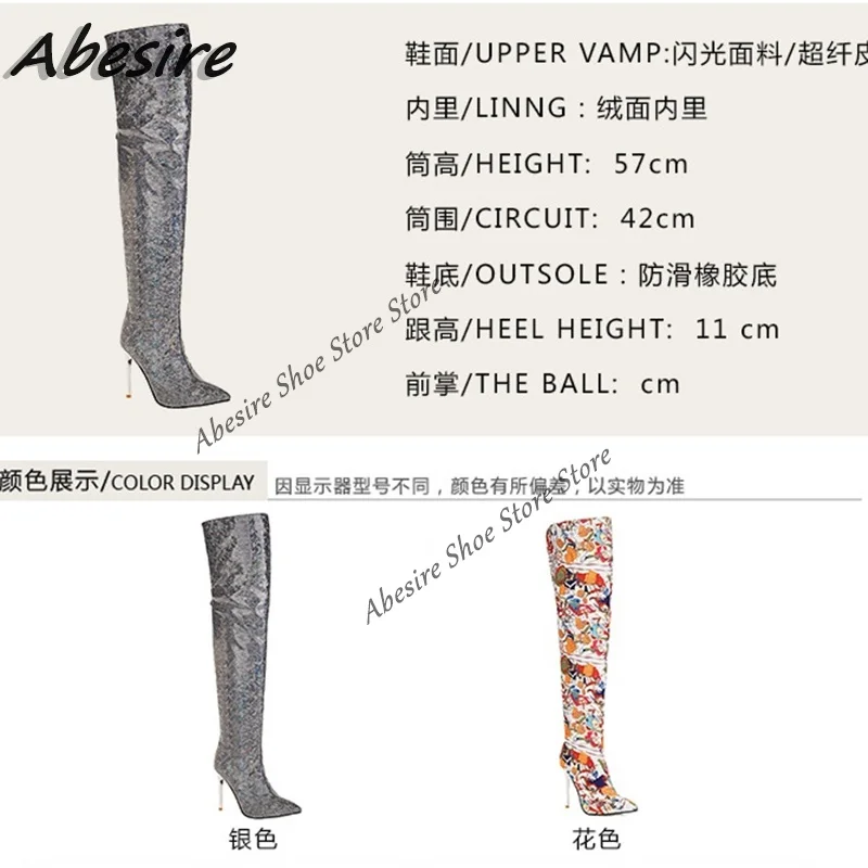 Abesire Silver Boots Clear High Heel Bling Back Zipper Pointed Toe Thigh High Women Boots Silver Autumn Winter Big Size Shoes images - 6