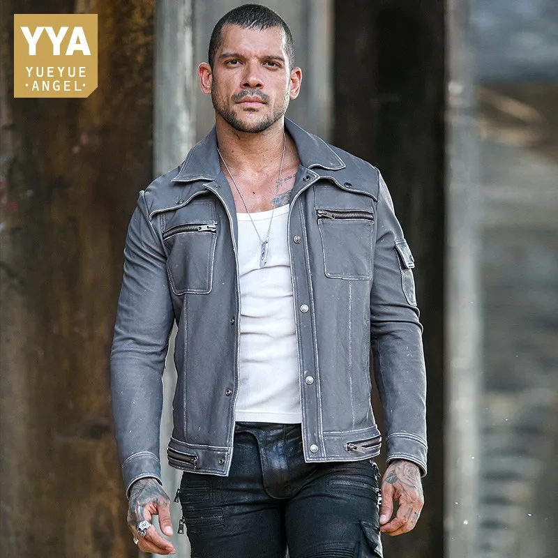 Винтажная тонкая мотоциклетная куртка из натуральной кожи Мужская Осенняя