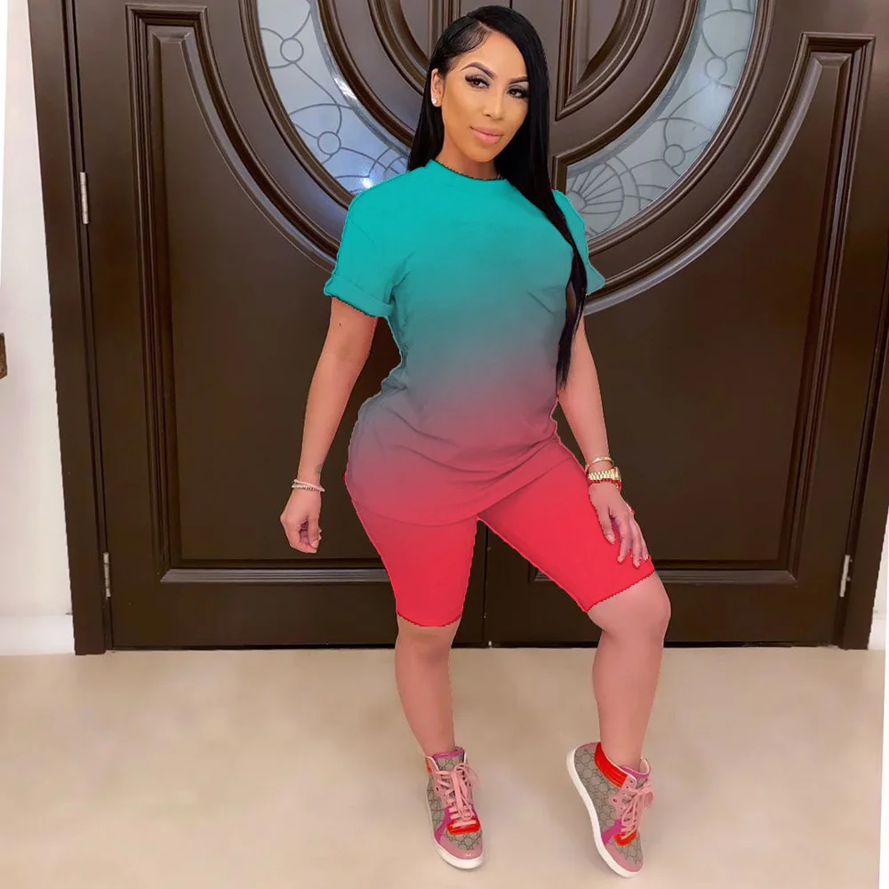 

Casual Vintage Gradient Print Two Piece Set Women 2022 Hot Summer Short Sleeve Workout Tshirts and Biker Shorts Matching Suits