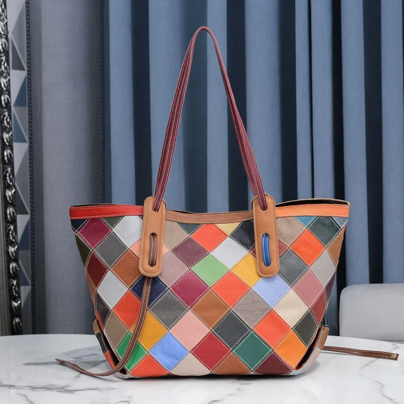 

Роскошные дизайнерские сумки из воловьей кожи, сумки через плечо высокого качества, модная прошитая клетчатая Женская сумочка большой вмес...