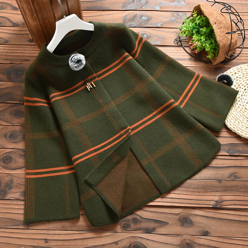 wreeima 4 Colors Loose Knitted Coat Plaid Round Collar Covered Button Women's Long-sleeved Elegant Sweater |