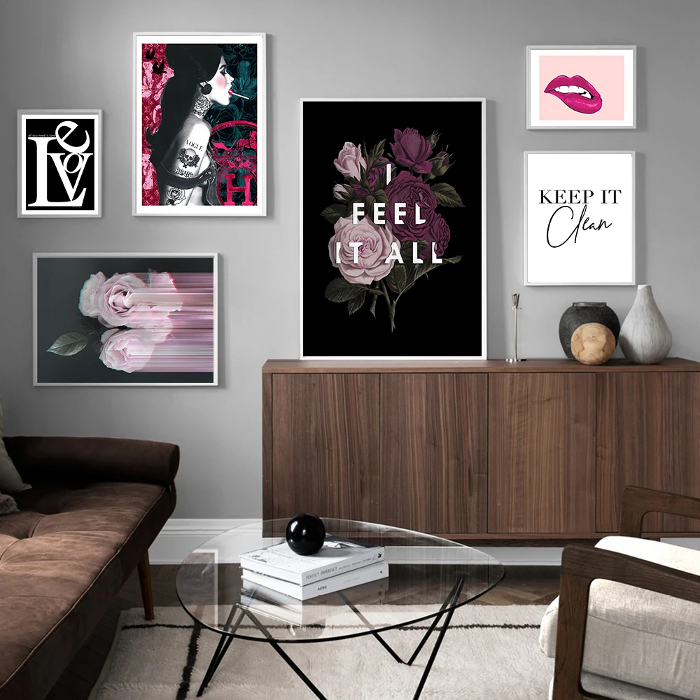 

Abstract Fashion Women Vogue Flower Modern Love Quotes Canvas Painting Posters Prints Wall Art Pictures Girl Room Home Decor
