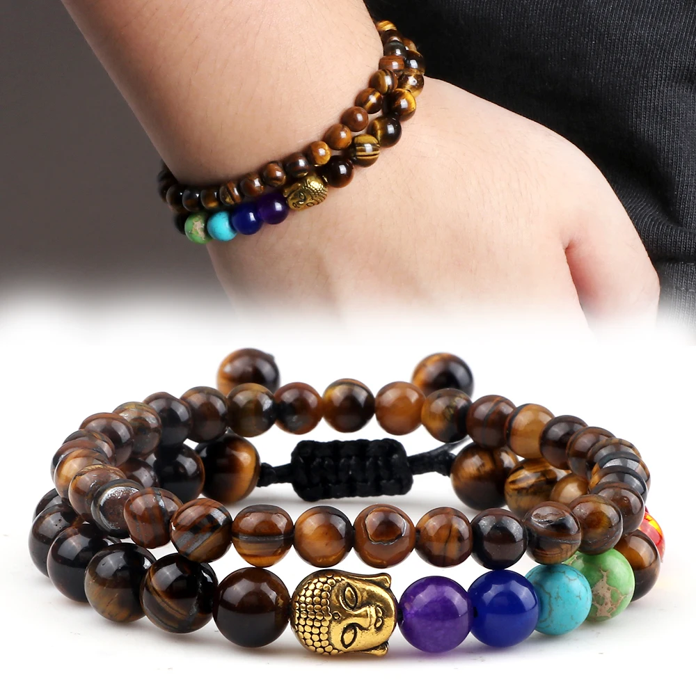 

2Pcs/Set 7 Chakra Buddha Head Bracelets&Bangles Natural Black Lava Tiger Eye Onyx Stone Strand Bracelet Men Women Couple Jewelry