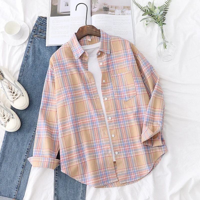 

Women Spring Autumn Vintage Plaid Shirts Casual Lapel Collar Long Sleeve Pocket Brushed Chic Streetwear Loose Tops Female Shirt