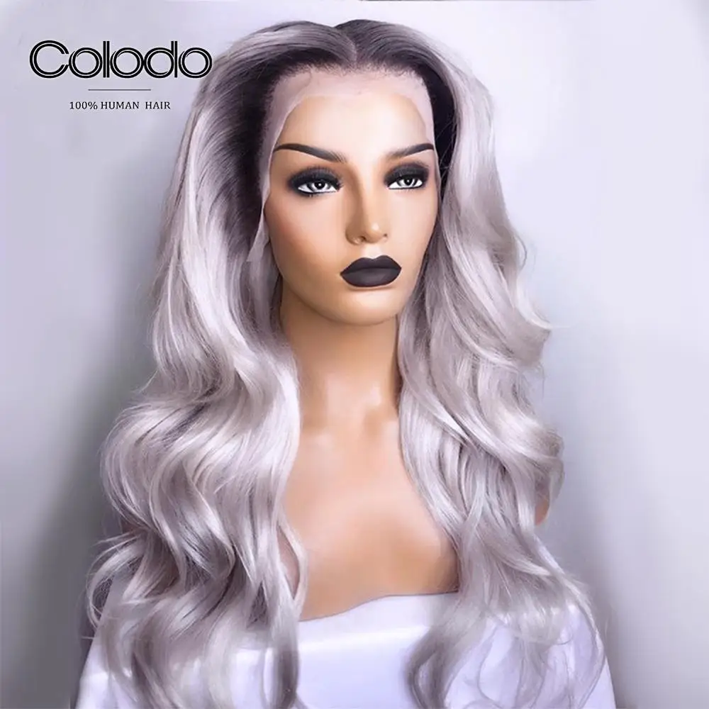 Парики из натуральных волос COLODO серые с прядями для детей 150% 1b|Парик на кружеве| |