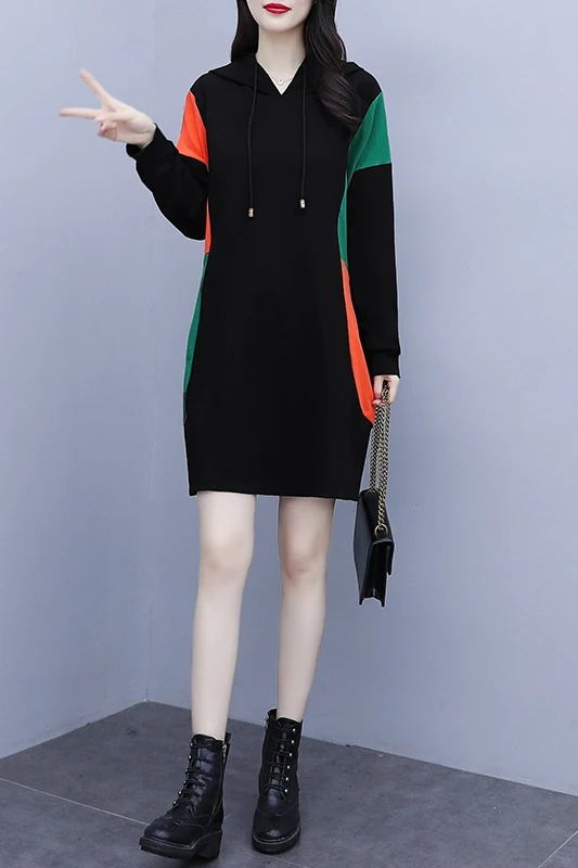 

Color Block Hooded Dress Women Contrast Robe Longue Femme Korean Vestido De Festa Korean Dress Clothes Vestidos Plus Size
