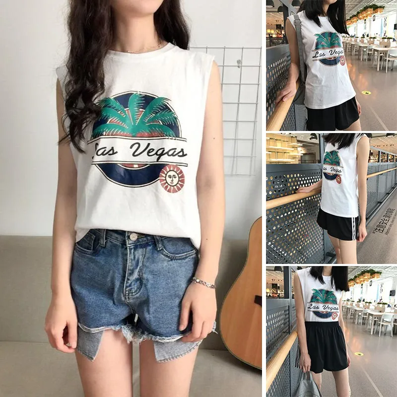 Летний женский жилет с пейзажной картой свободная футболка без рукавов круглым