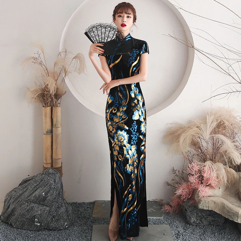 

Chinese Dress Ancient Qipao Blue Hanfu Cheongsam Evening Dress Style Cosplay Tang Stage Costume Women Clothing Oriental Dresses