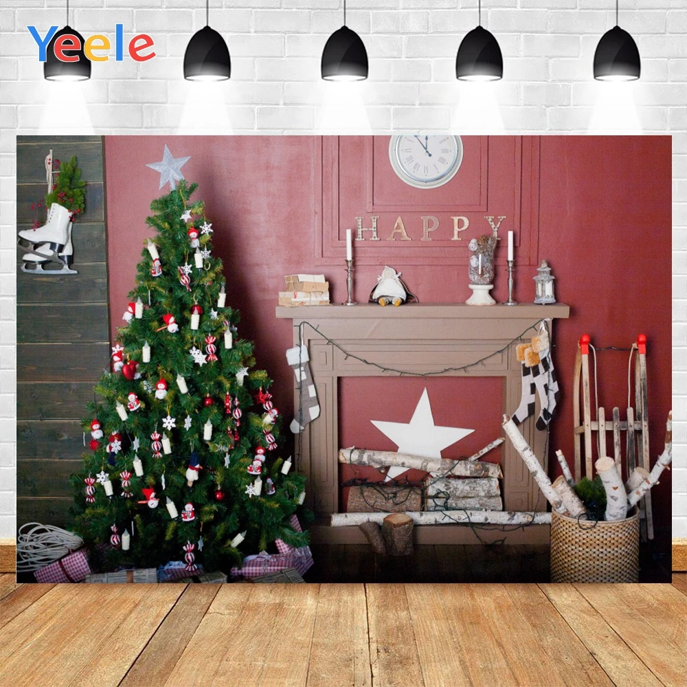 

Yeele Merry Christmas Trees Balls Red Wall Wooden Cabinet Background Photophone Photography Backdrop for Decor Customized Size