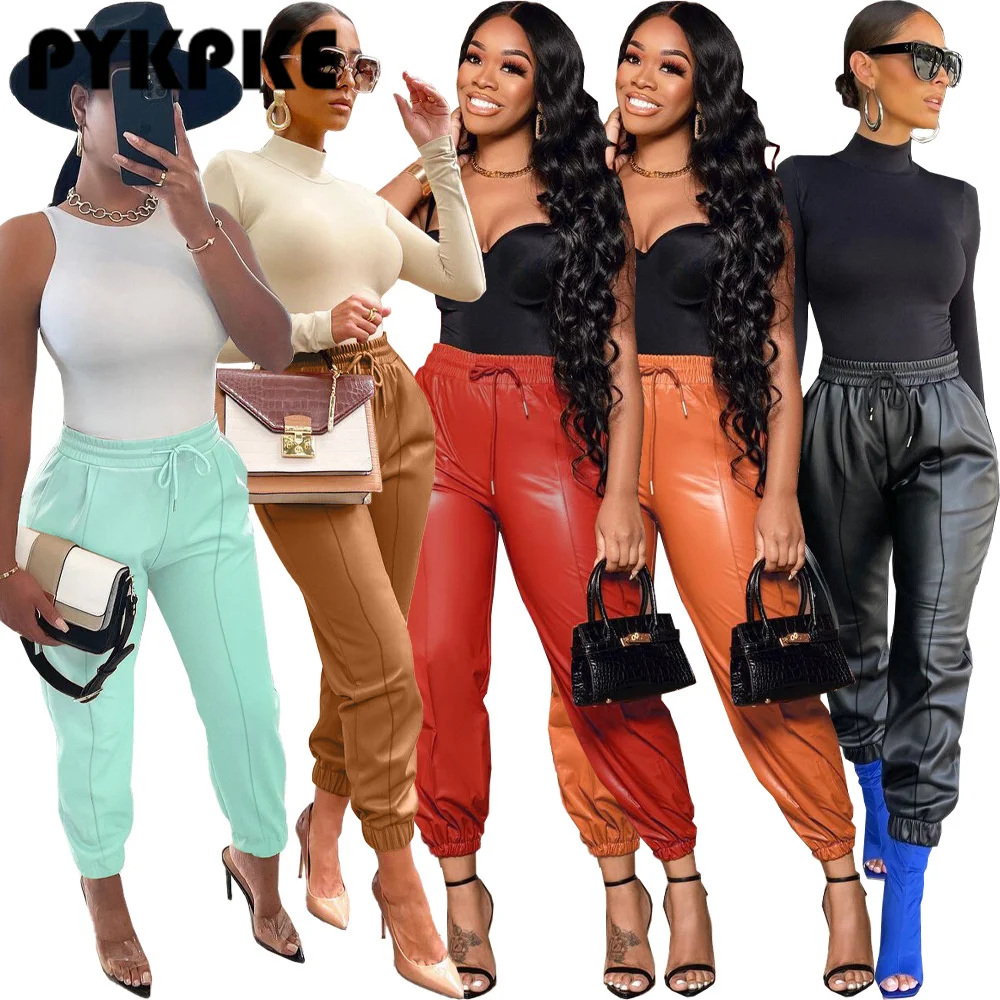 

Винтажные джоггеры из искусственной кожи на шнуровке, женские брюки-султанки, однотонные облегающие длинные брюки с высокой талией, элеган...