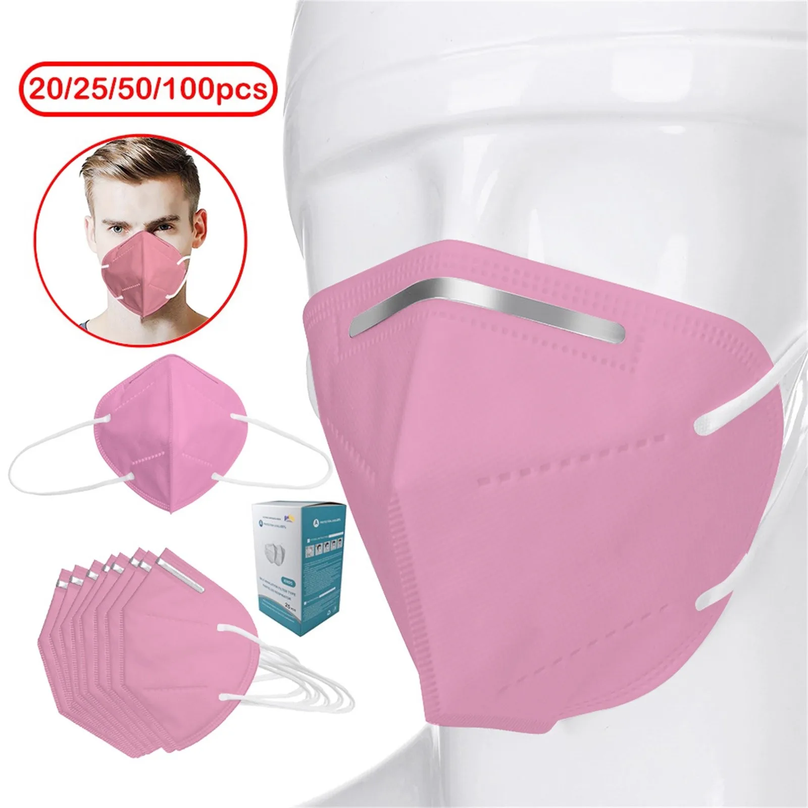 

20PC Adult Pink Black Face Masks Adjustable Protective 5Ply Dustproof PM2.5 Safe Solid Color Unisex Mouth Mask Cover Decoration