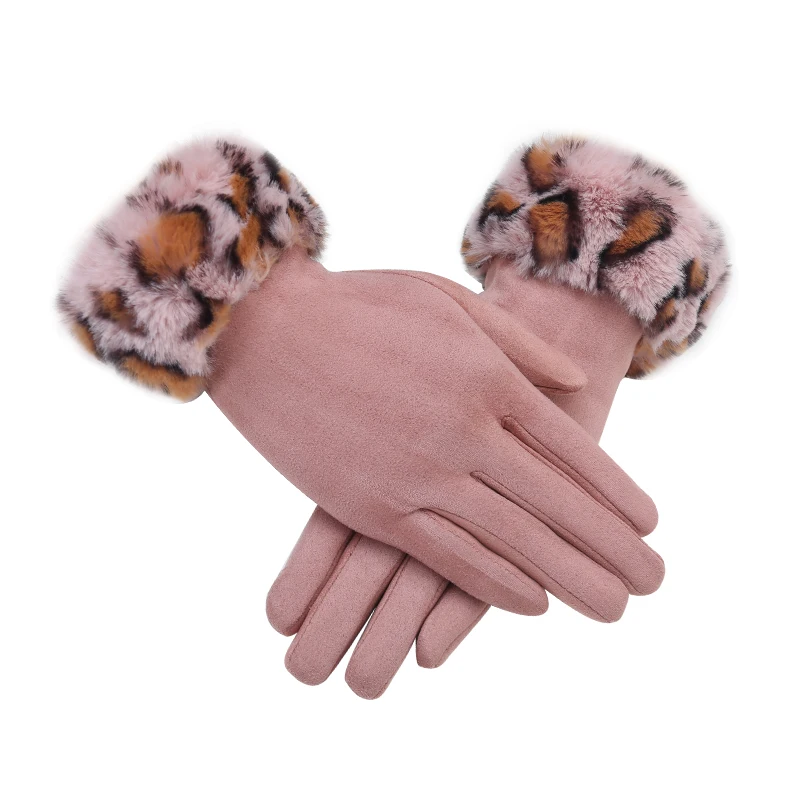 2019 Winter Gloves Women Leopard Rabbit hair suede leather Mittens Warm Soft Female Touch Screen | Аксессуары для одежды