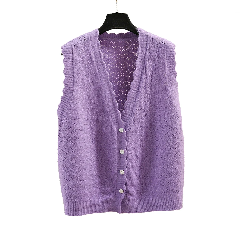 

Lace Knitted Hollow Out Women Sweater Vest Autumn New V-Neck Solid Loose Office Lady Elegant Outwear Coats Tops