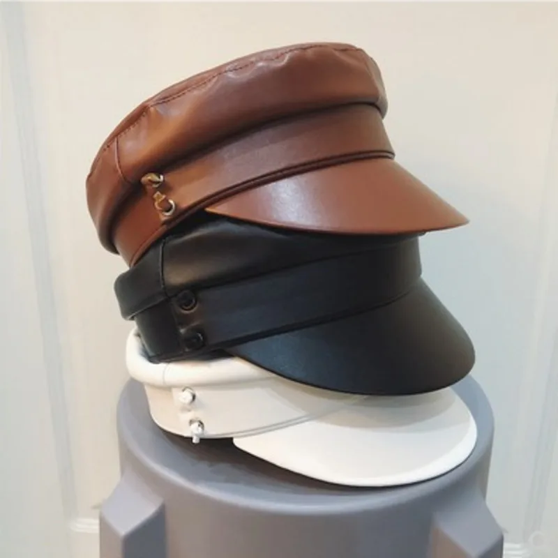 Модная женская шапка из искусственной кожи береты на плоской подошве