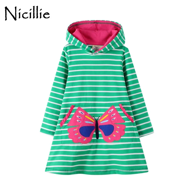 

Nicillie Autumn Winter Girls Dress Baby Girl Cotton Clothing Striped Butterfly Dress For Girls Casual Children Hooded Dress 2-7Y