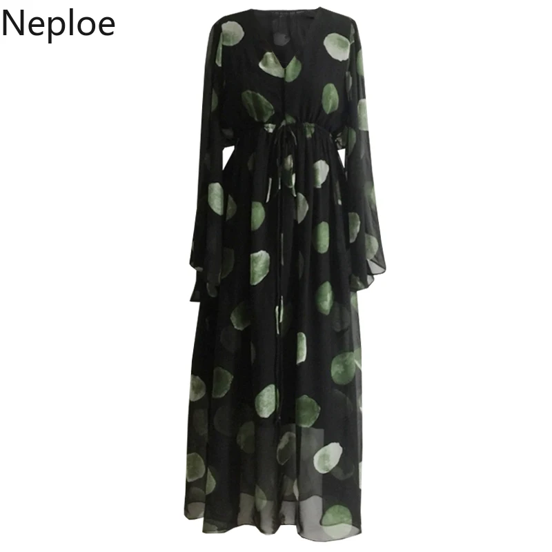 Neploe Polka Dot Women Dress Chiffon V-Neck Long Sleeve Vestidos 2019 Summer Slim Waist Wide Leg Full Dresses 44908 | Женская одежда
