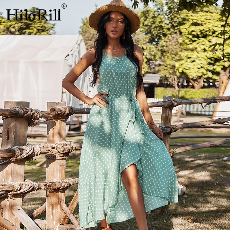 

HiloRill Summer Polka Dot Dress Off Shoulder Backless Sexy Beach Dress Irregular Hem Lady Long Party Dress Vestido De Mujer