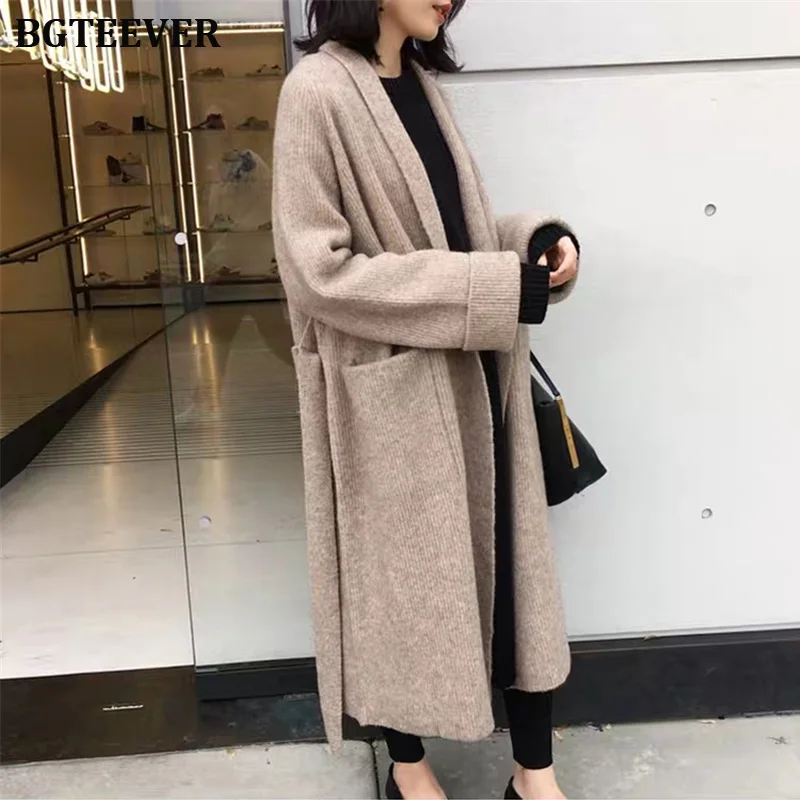 Зимний трикотажный длинный кардиган женский рукав джемпер Повседневный уличная