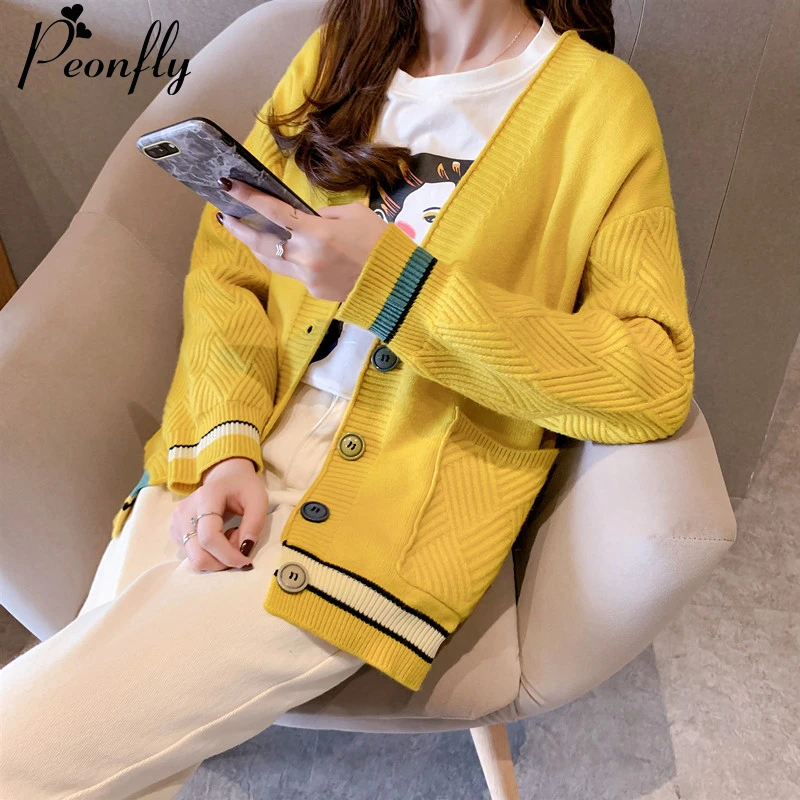 Женский вязаный кардиган PEONFLY повседневный однобортный толстый свитер