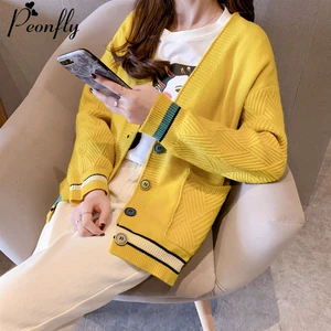 Женский вязаный кардиган PEONFLY, повседневный однобортный толстый свитер свободного покроя желтого и синего цветов, весна 2020
