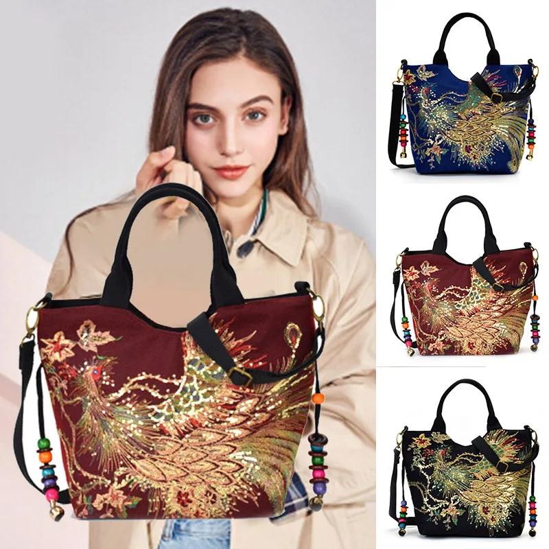 

Women Canvas Shoulder Bag Embroidery Handbag Tote Bags with Decorative Beads Pendants New