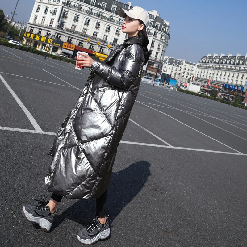 Хит 2019 новая мода женская куртка-пуховик на белом утином пуху блестящая с широкой