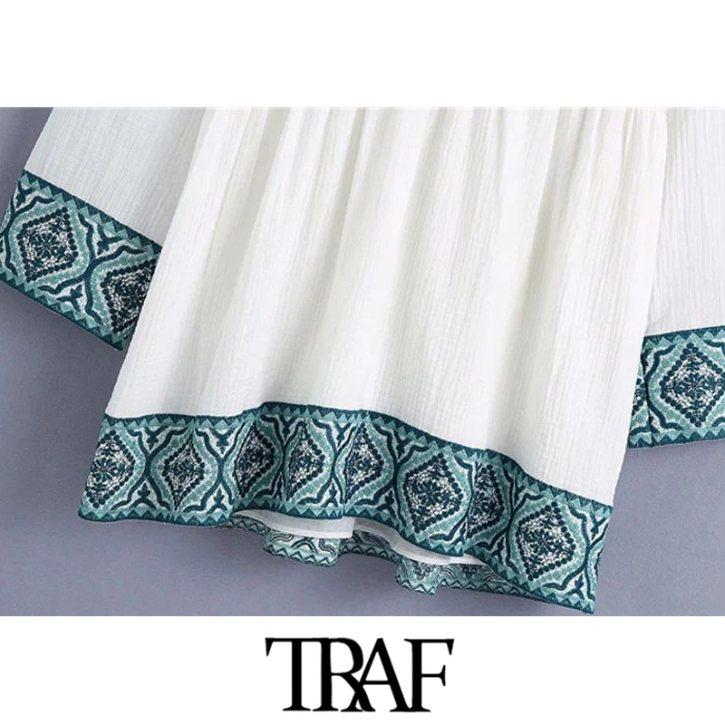 

TRAF Women Chic Fashion Patchwork Embroidery Mini Dress Vintage V Neck Long Sleeve Female Dresses Vestidos Mujer