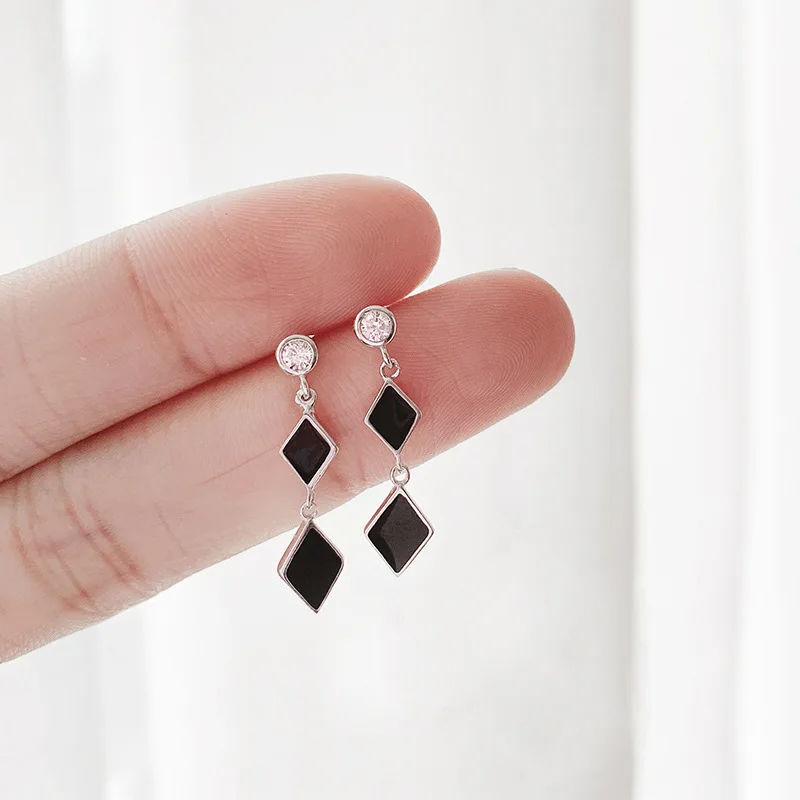 

New Arrival 100% Real 925 Sterling Silver Black Geometric Drop Earrings Diamond Pattern Dangle Earrings for Women