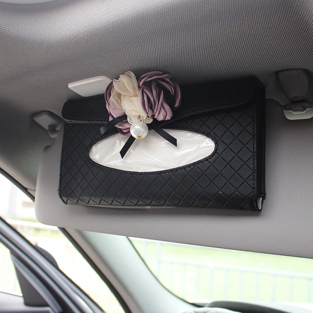 Sunvisor Tissue Bag Чехол рулевого колеса автомобиля коробка для салфеток с цветами Солнцезащитный козырек CD сумка для хранения подголовник поясная подушка Шестерня переключения воротник для женщин автостайлинг - Название цвета: Sunvisor Tissue Bag