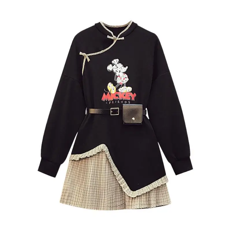 

2021 Spring Stand Collar Printed Dress Plump Girls Improved Cheongsam Chinese Style Dress Waist-tight Patchwork Pleated Dress